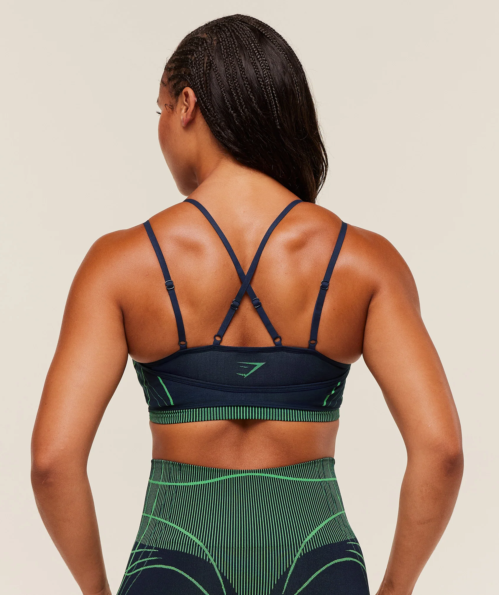 Gymshark Apex Seamless Strappy Sports Bra - Heavy Blue/Active Green - Image 2