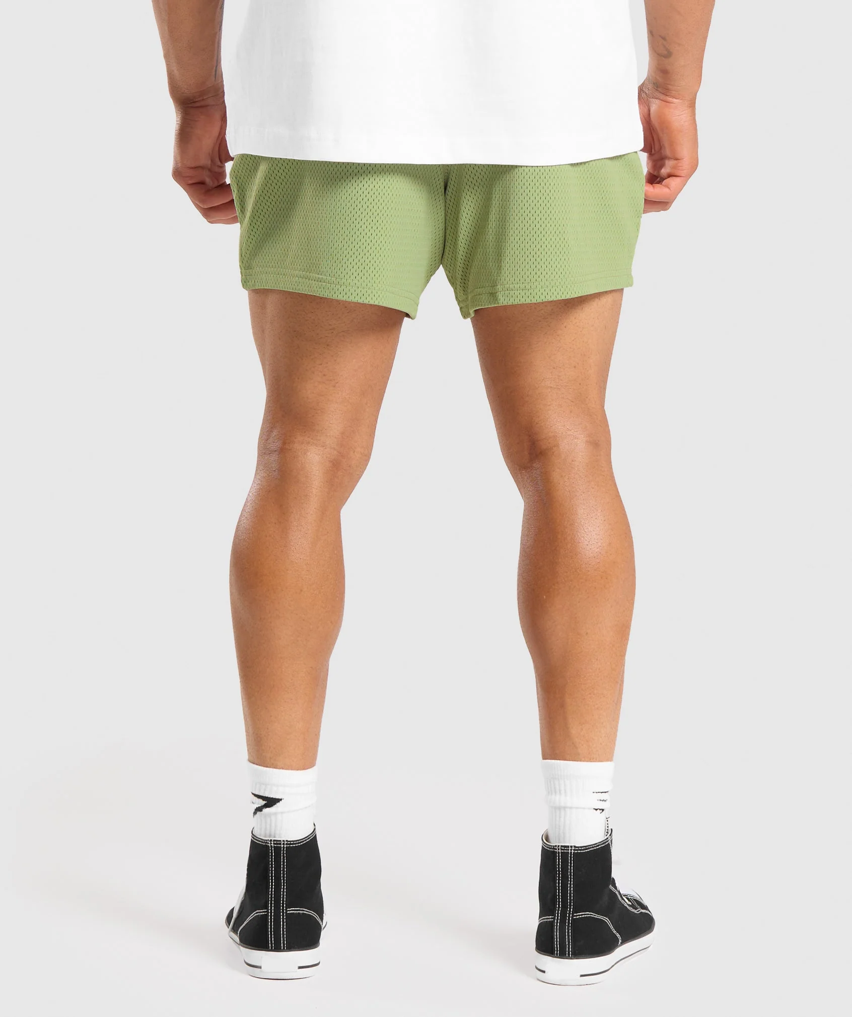 Gymshark Brandmark Mesh 5" Shorts - Natural Sage Green/Pebble Grey - Image 2