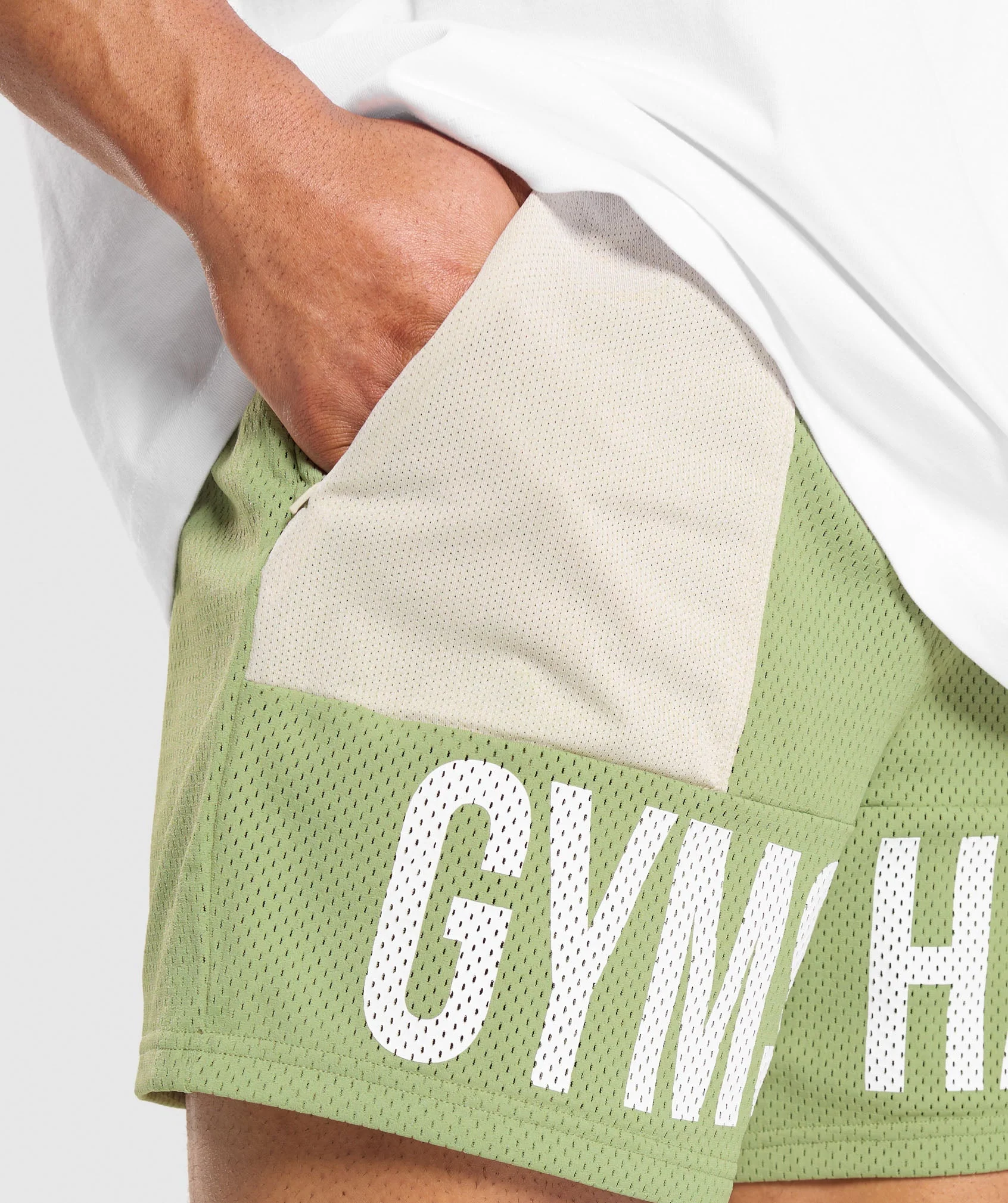 Gymshark Brandmark Mesh 5" Shorts - Natural Sage Green/Pebble Grey - Image 8