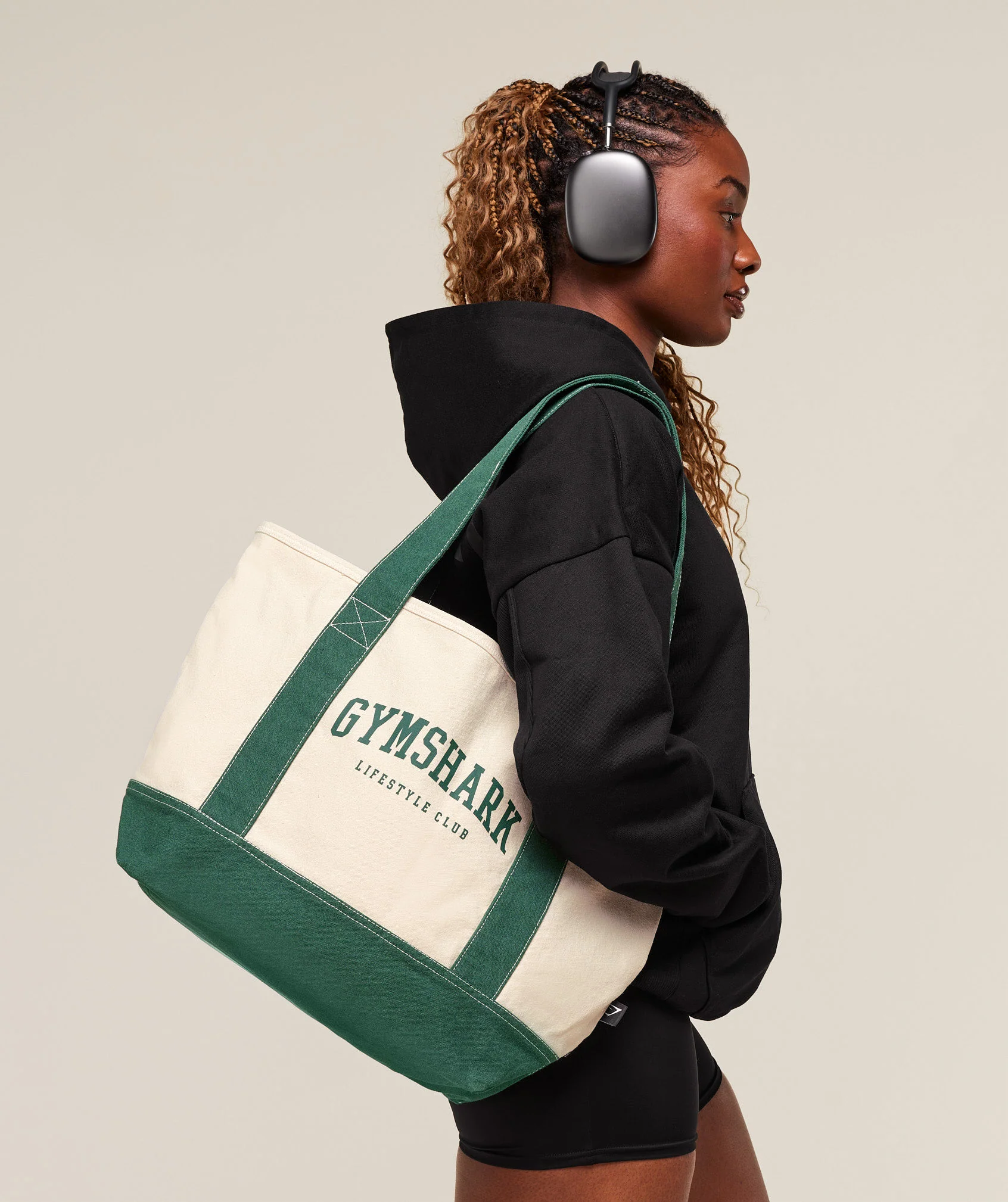Gymshark Collegiate Oversized Tote - Oat White/Classic Green - Image 2