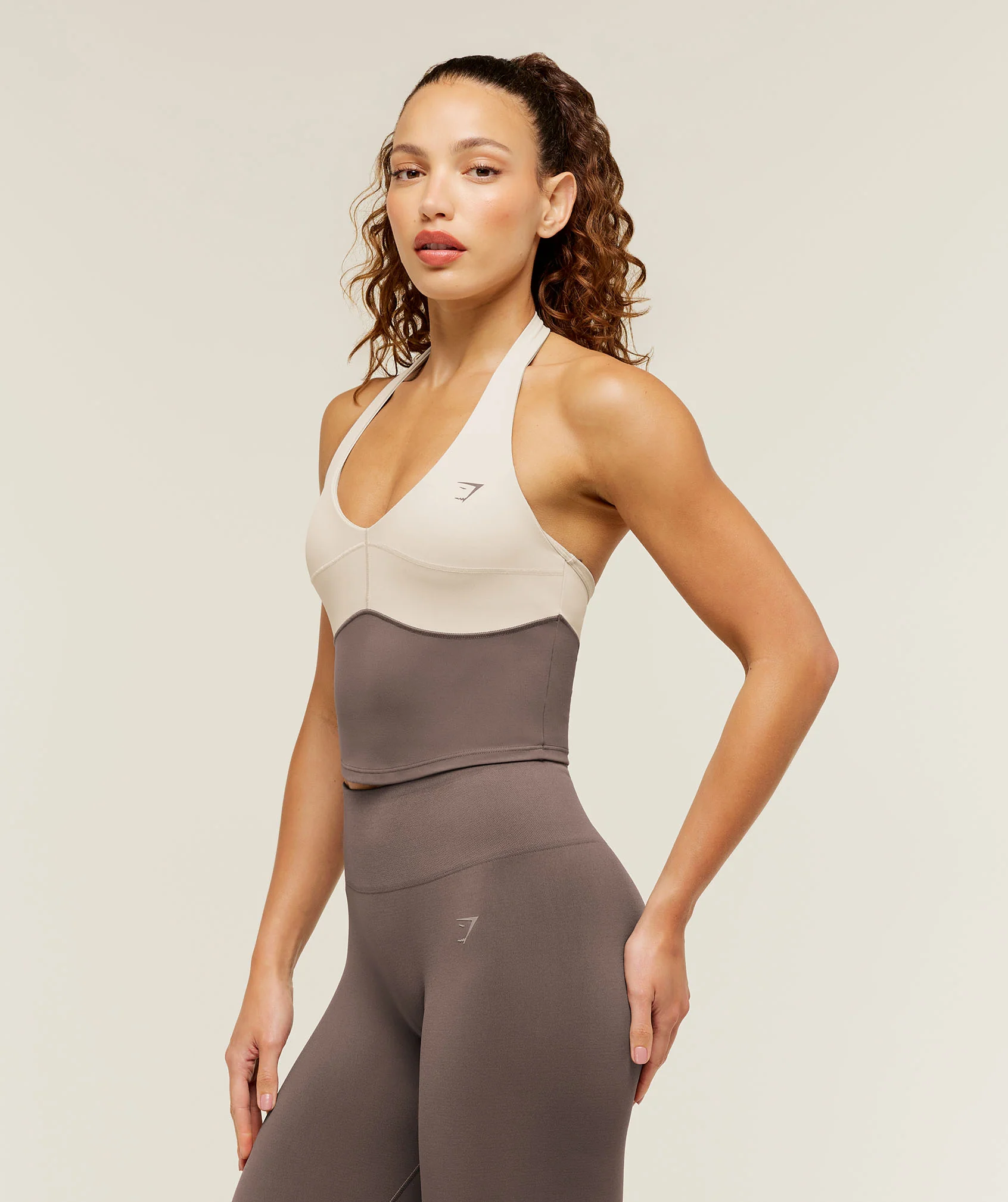 Gymshark Colour Block Halter Neck Tank With Shelf - Cool Brown/Pebble Grey - Image 3