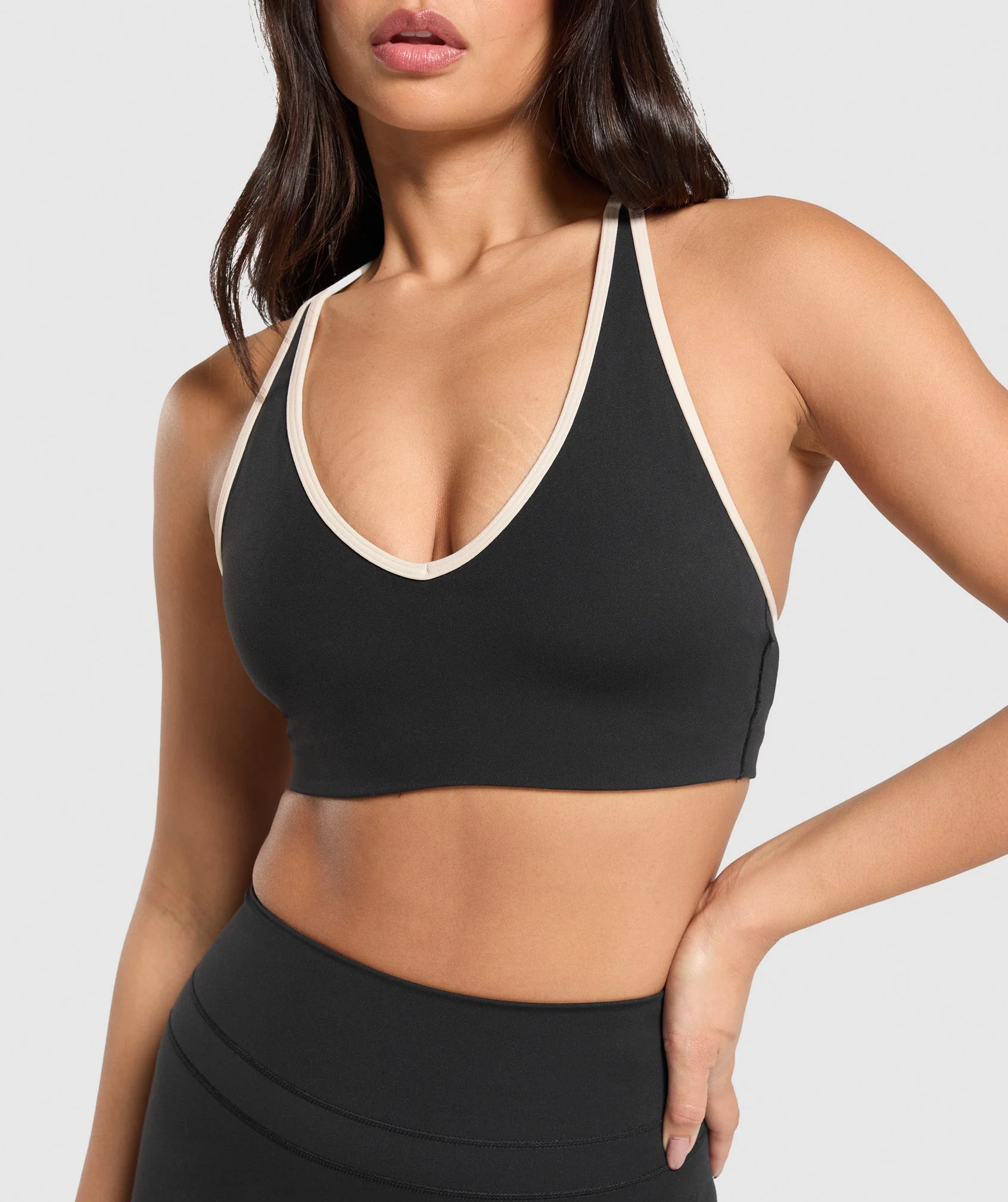 Gymshark Contrast Trim Halter Neck Sports Bra - Black/Oat White - Image 5