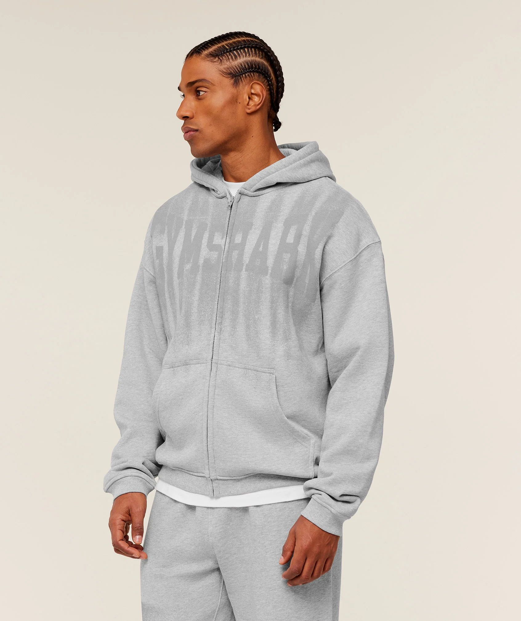 Gymshark Fade Graphic Zip Through Hoodie - Light Grey Core Marl - Image 3