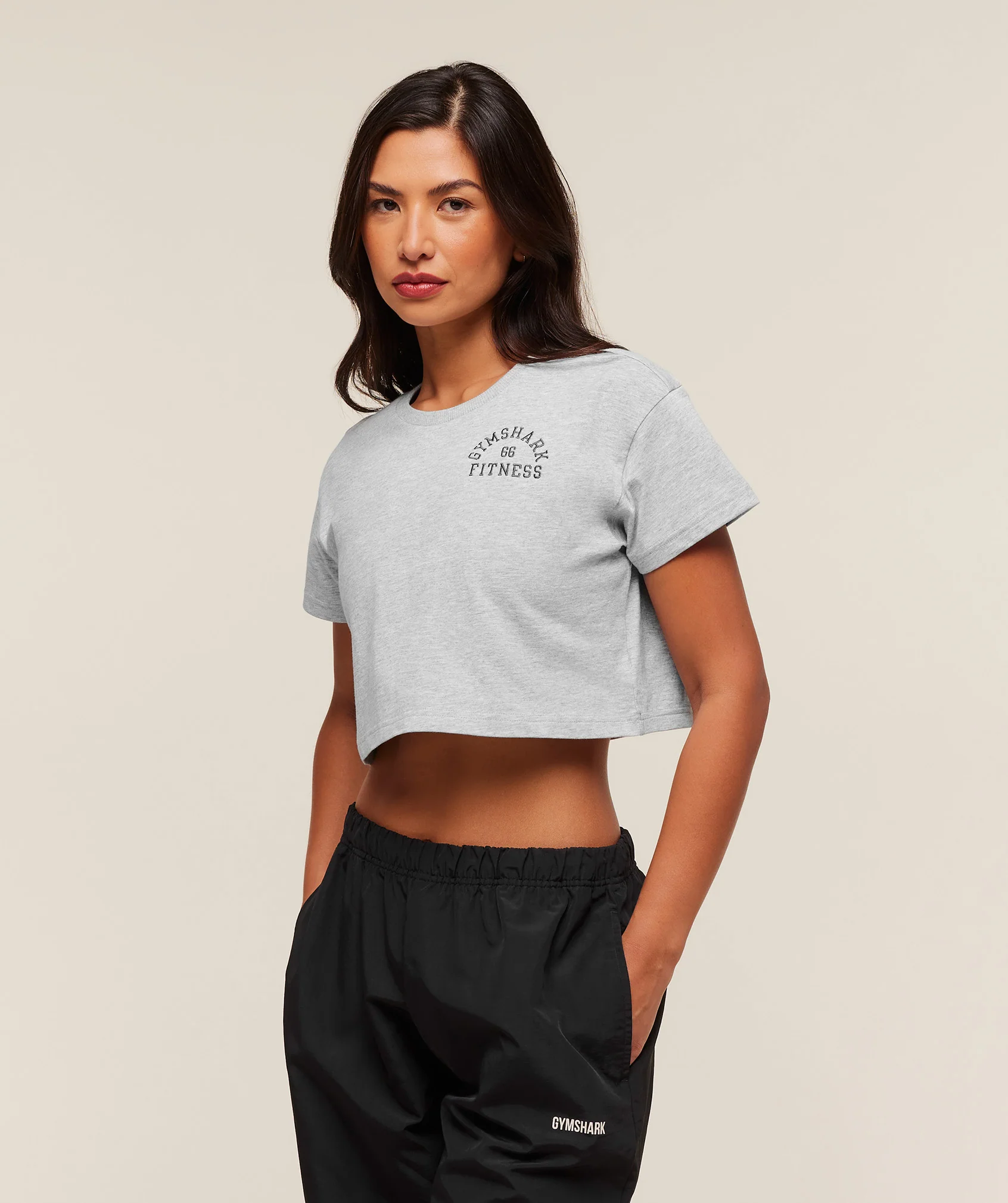 Gymshark Fitness Embroidered Graphic Oversized Crop Top - Light Grey Core Marl - Image 3