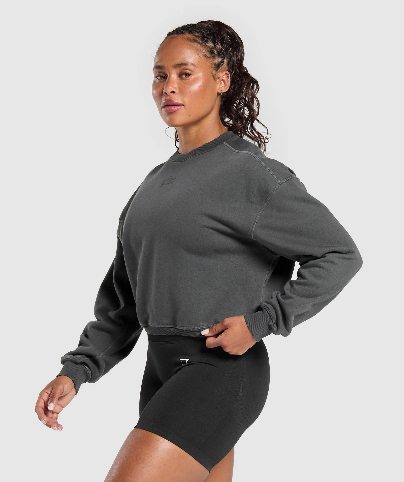 Gymshark Gains Washed Loopback Crew Neck - Asphalt Grey/Black - Image 3