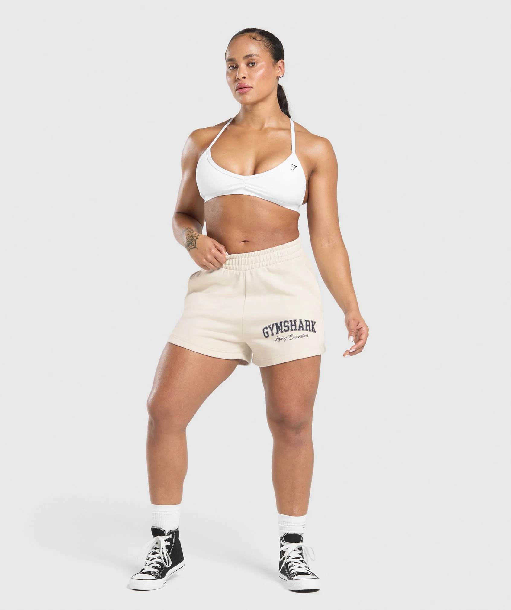 Gymshark Lifting Essentials Graphic Brushed 4' Shorts - Oat White - Image 4
