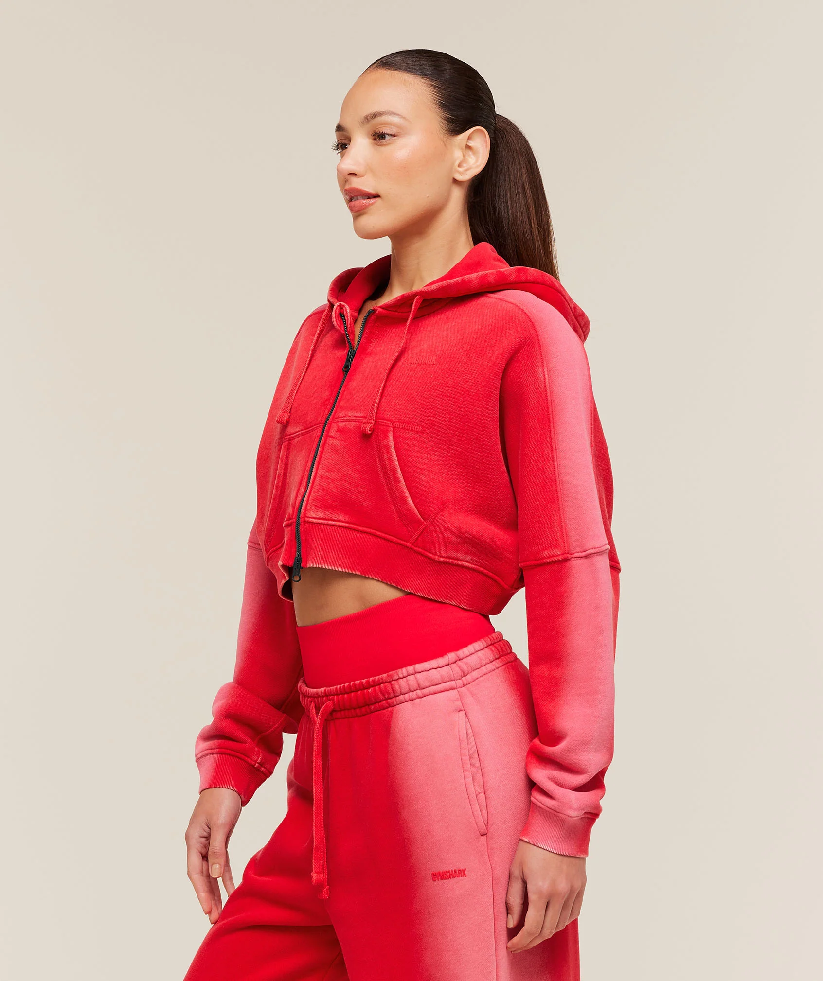 Gymshark Pump Washed Zip Through Hoodie - Carmine Red/Soft White/Wash - Image 3