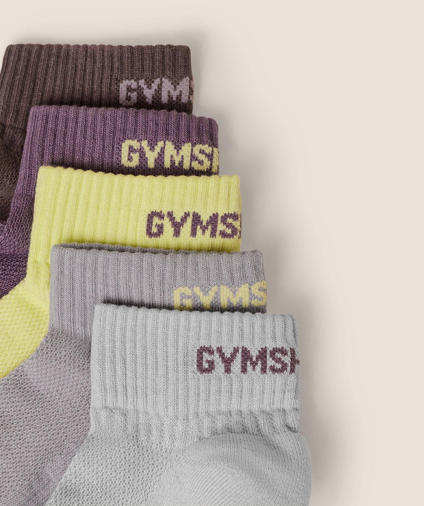 Gymshark Quarter Socks 5pk -  Light Grey /  Stratus Grey /  Sorbet Yellow /  Dusk Purple /  Cool Brown - Image 2