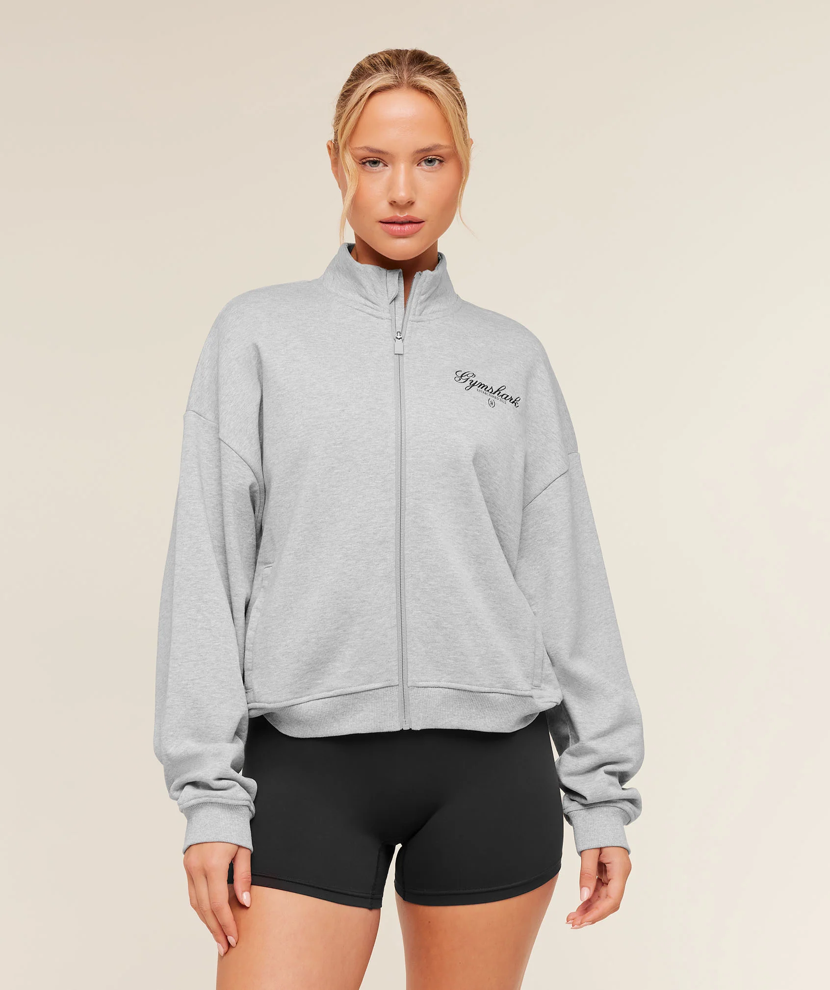 Gymshark Script Embroidery Oversized Zip Through - Light Grey Core Marl - Image 2