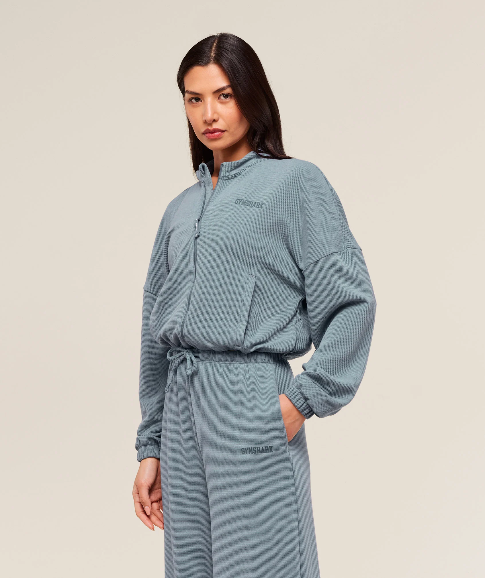 Gymshark Waffle Midi Zip Up Jacket - Iron Blue - Image 2