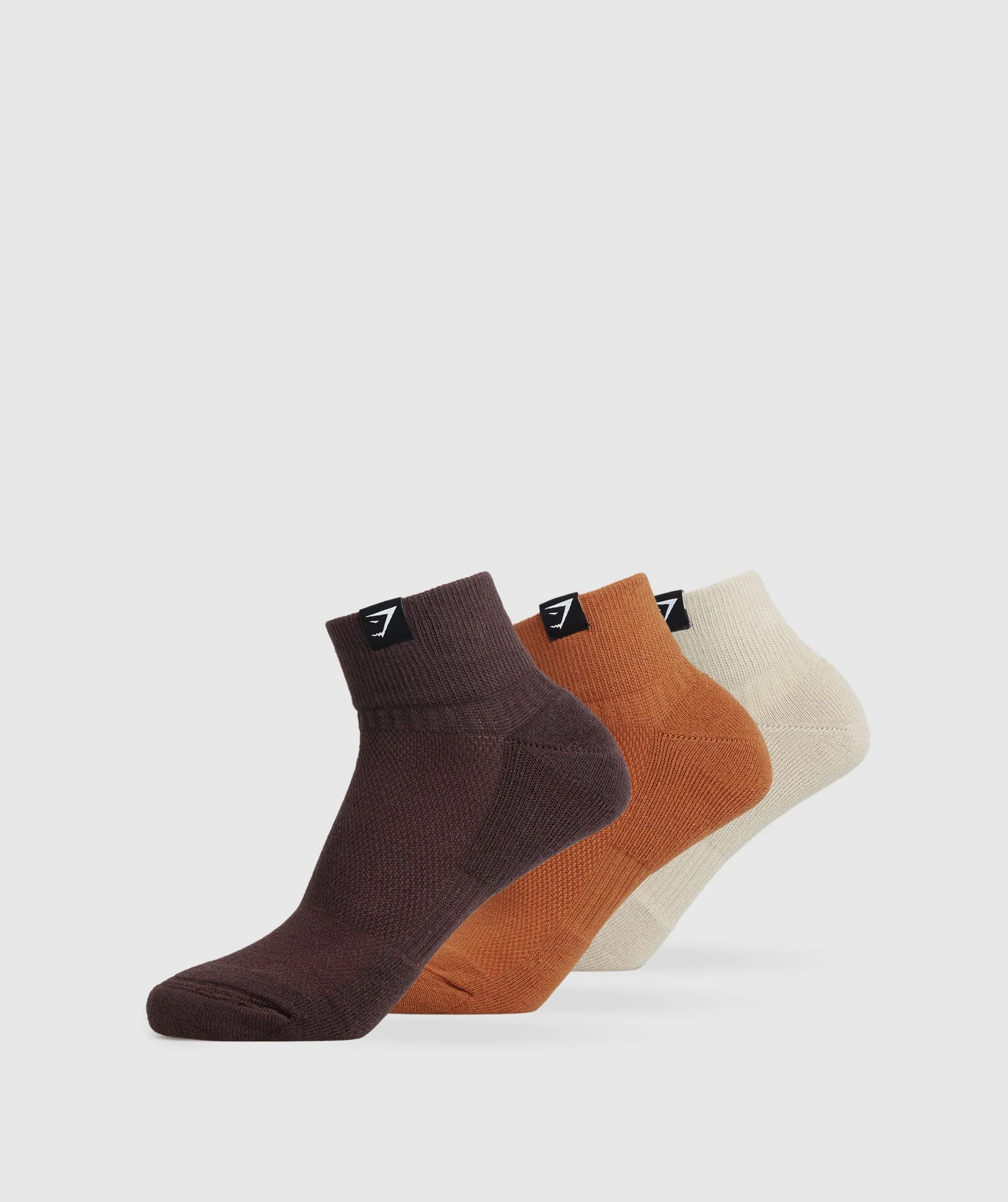 Gymshark Woven Tab Quarter Socks 3pk - Washed Stone Brown/Nutmeg Orange/Shadow Brown